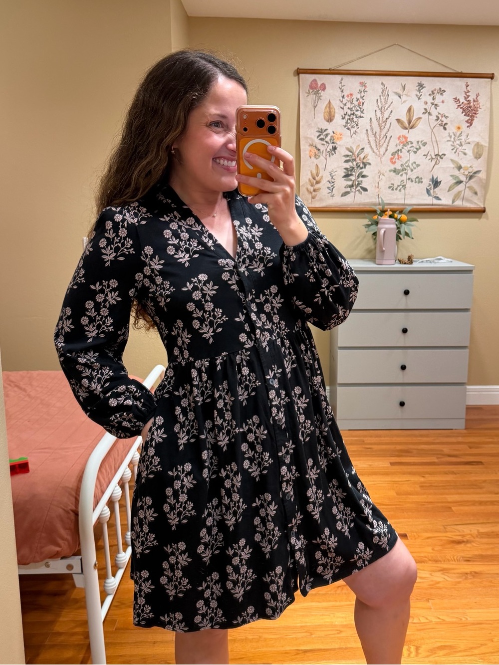 Boden Button Front Black Floral Long-Sleeve V-Neck Mini Dress 8R